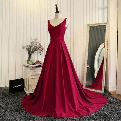 V Neck Long Satin Prom Dresses For Party Simple..