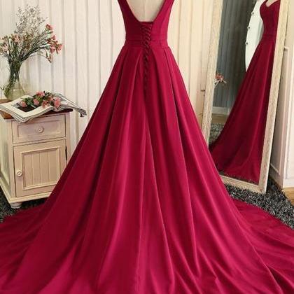 V Neck Long Satin Prom Dresses For Party Simple..