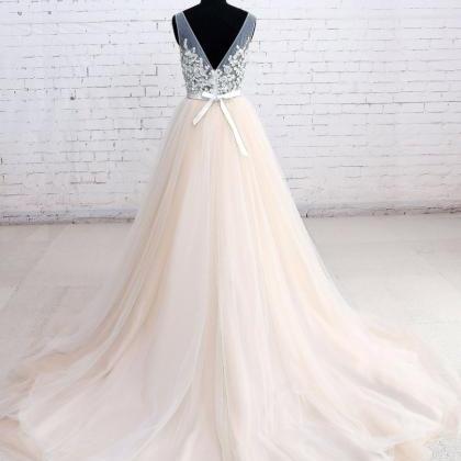Sheer Bodice Blush Spring Wedding Dresses Long..