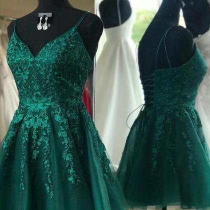 Emerald green short hot sale prom dress