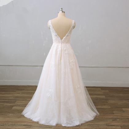 V Neck Floor Length Lace Wedding Dresses Long..