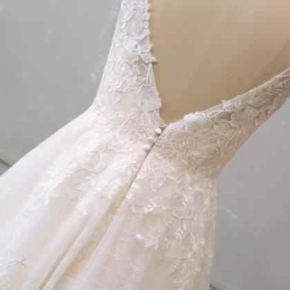 V Neck Floor Length Lace Wedding Dresses Long..