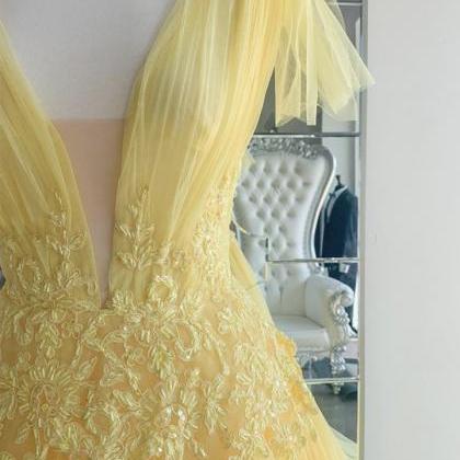 V Neck Yellow Long Formal Occasion Dress Pageant..