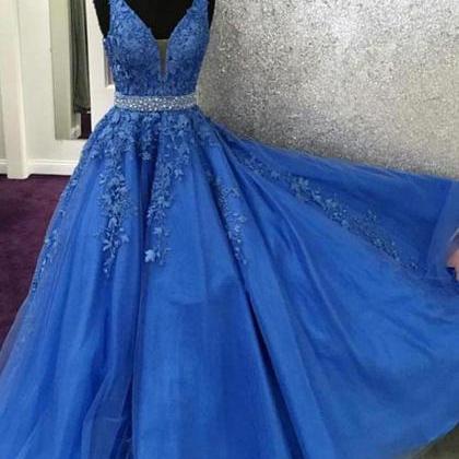 Sleeveless Blue Prom Dresses Long Formal Pageant..