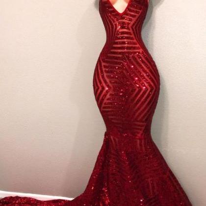 V Neck Red Sequin Prom Dresses
