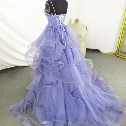 Lavender Long Prom Dress With Horsehair Trimmed..