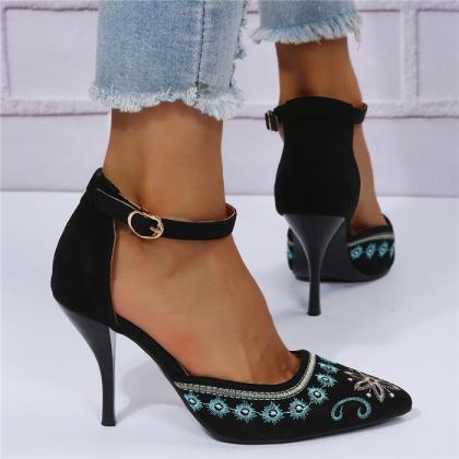 Embroidery Ankle Strap Suede Women Shoes