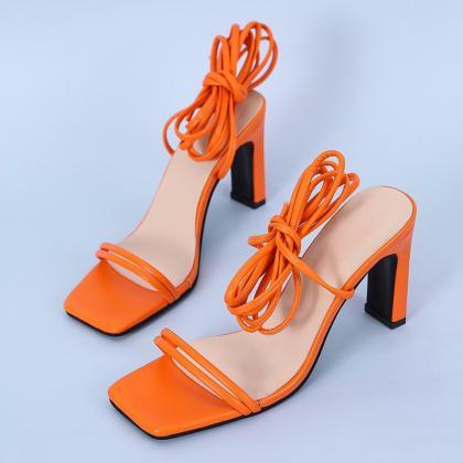 Square Toe Women Summer Sandals With Tie Leg