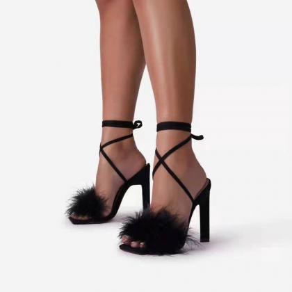 Fluffy Decor Women Sandals With Tie Leg