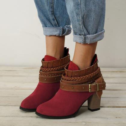 Burgundy Suede Ankle Boots Women Shoes