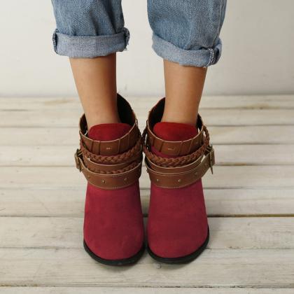 Burgundy Suede Ankle Boots Women Shoes