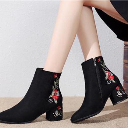 Block Heel Embroidery Black Ankle Boots