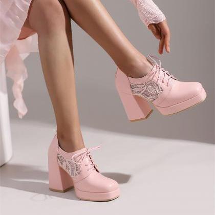 Chunky Heels Lace Decor Lace-up Front Women Shoes