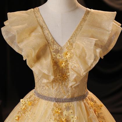 V Neck Gold Ball Gown Dress