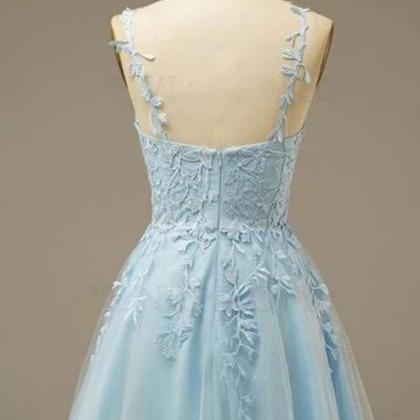 V Neck Blue Lace Party Dress