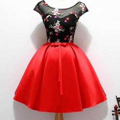 Bateau Neck Short Hoco Party Dress With Embroidery..