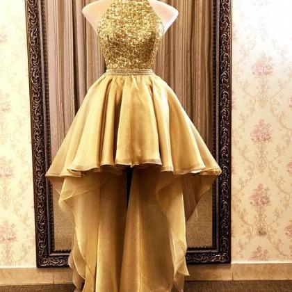 Gold Halter High Low Party Dress