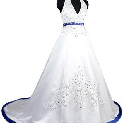 Halter Royal Blue And White Embroidered Wedding..