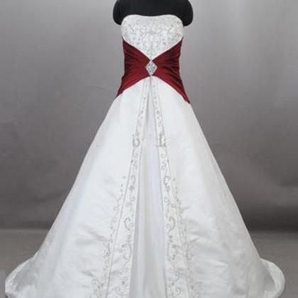 Strapless Burgundy And White Embroidered Wedding..