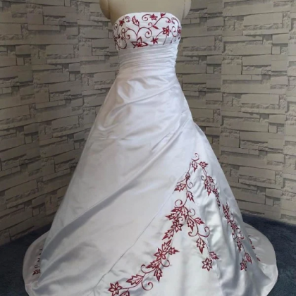 Strapless White Red Embroidery Bridal Dress