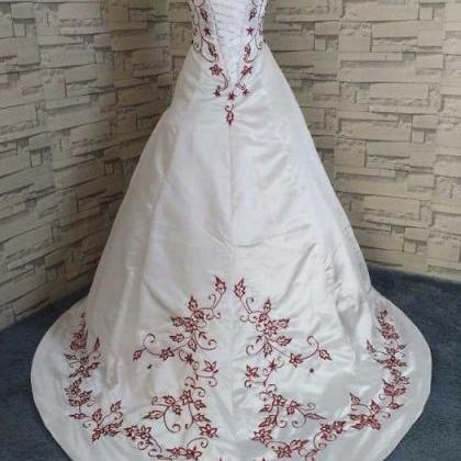Strapless White Red Embroidery Bridal Dress