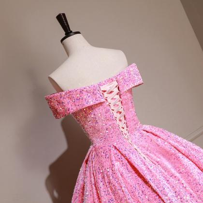 Off Shoulder Pink Pageant Gown Small Sequins Trailing Dress Girls' Birthday Party Dresses main image 1