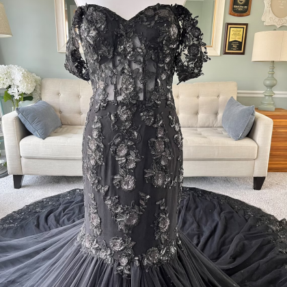 Unique Beaded Off The Shoulder Black Mermaid Prom Dress With Slit main image 1