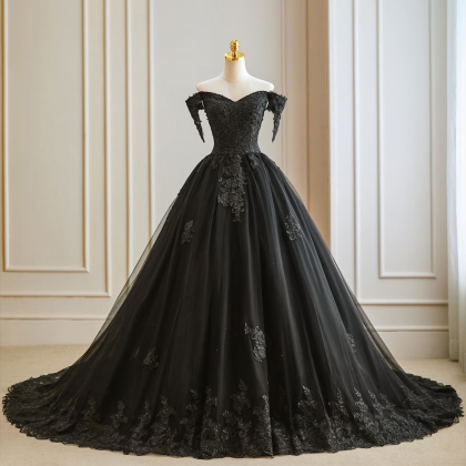 Off The Shoulder Black Gothic Ball Gown Wedding..