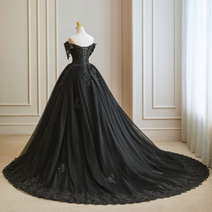 Off The Shoulder Black Gothic Ball Gown Wedding..