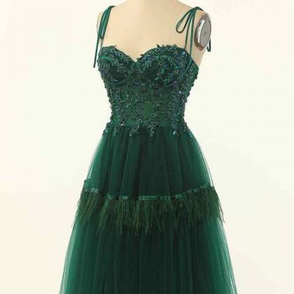 Dark Green Short Prom Dress With Feather Decor