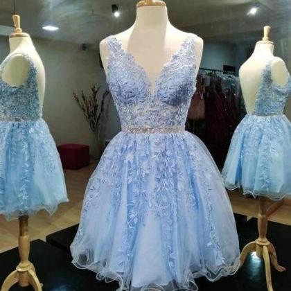 Appliqued Sheer Bodice Blue Short Prom Dress