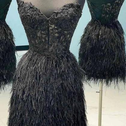 Sweetheart Black Short Prom Dress With Feather