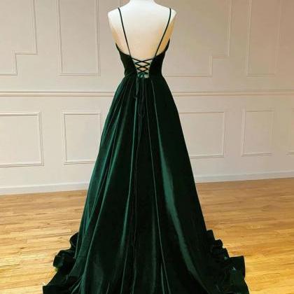 V Neck Dark Green Velvet Long Prom Dress With Lace..