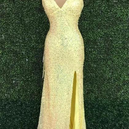 Yellow Sequin Prom Dress With Slit