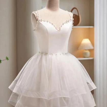 White Short Party Dress With Beads Decor
