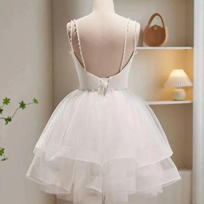 White Short Party Dress With Beads Decor