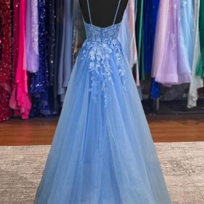 Scoop Neckline Blue Long Evening Gown Prom Dress