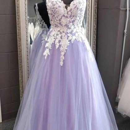 V Neck Long Prom Dress With White Lace Decor