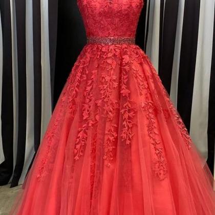 Cap Sleeves Red Lace Long Prom Dress With Beaded..
