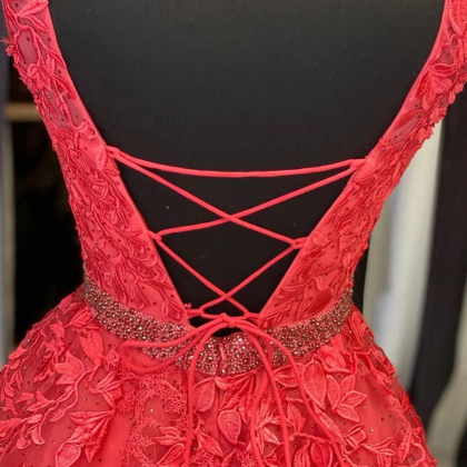 Cap Sleeves Red Lace Long Prom Dress With Beaded..