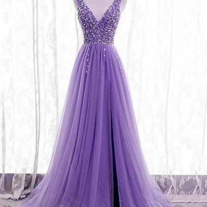 V Neck Lavender Long Prom Dress With Crystals..
