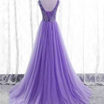 V Neck Lavender Long Prom Dress With Crystals..