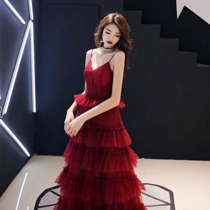 Spaghetti Strap Dark Red Long Tiered Tulle Dress