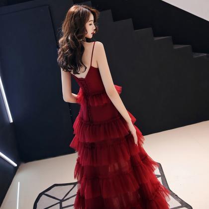 Spaghetti Strap Dark Red Long Tiered Tulle Dress