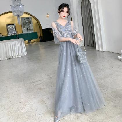 Wrap Sleeves Grey Blue Long Formal Occasion Dress
