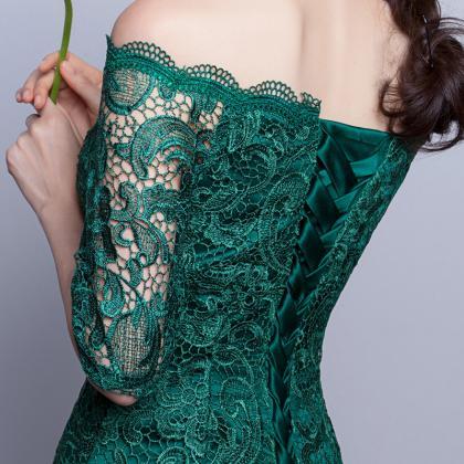 Off Shoulder Dark Green Knee Length Lace Party..