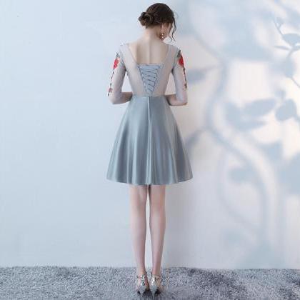 Half Sleeves Knee Length Grey Short Party Dress