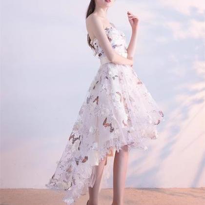Butterfly And Flowers High Low Pearl Gown