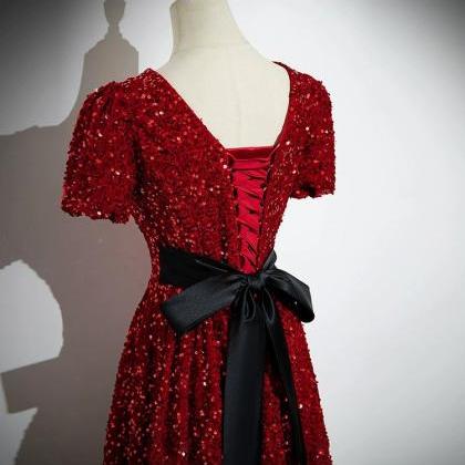 V Neck Short Sleeves Red Sequin Evening Dress