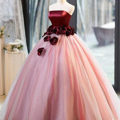 Romantic Bordeaux And Blush Floral Ball Gown